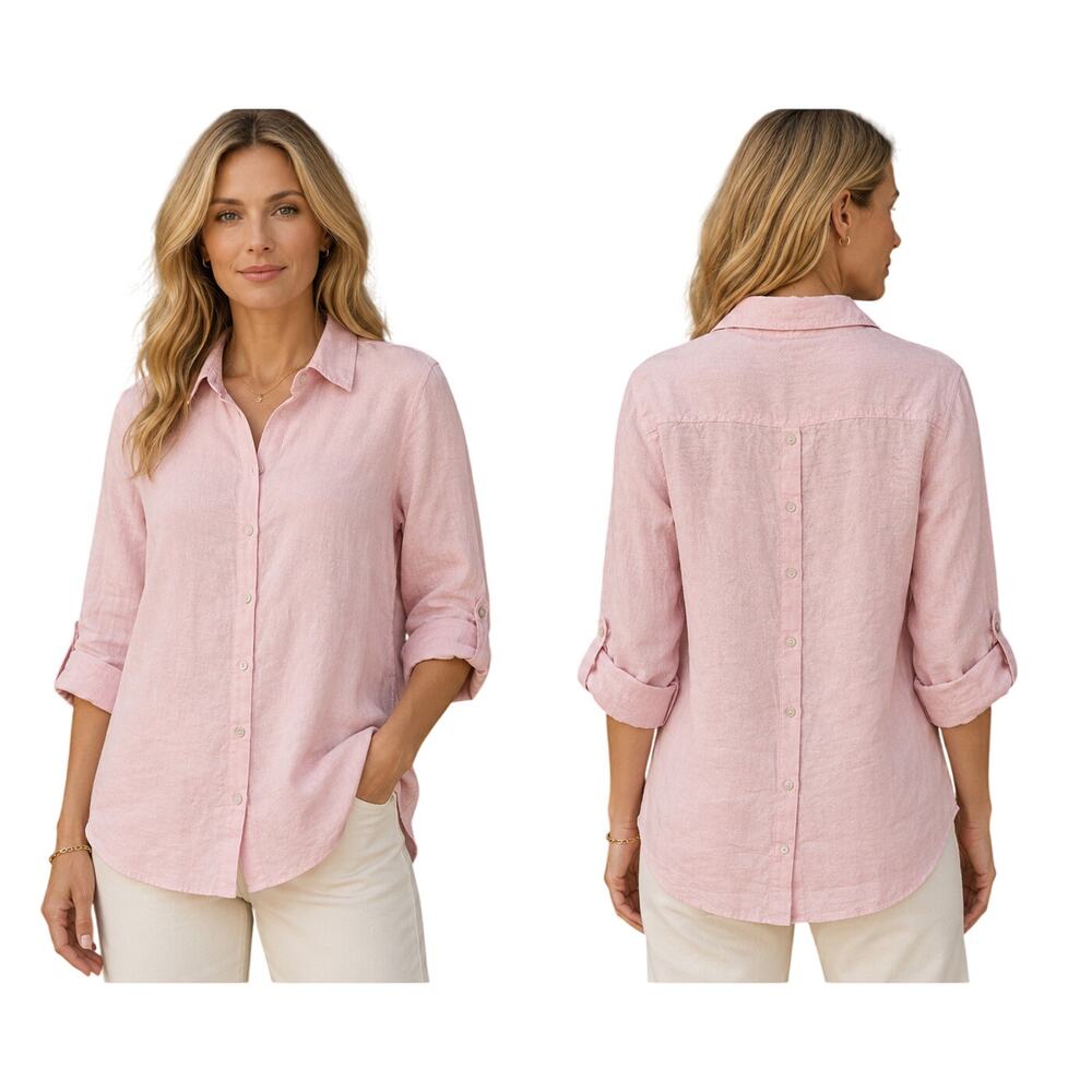 Sigrid Olsen S 100% baby pink linen button up roll tab sleeve button up and back